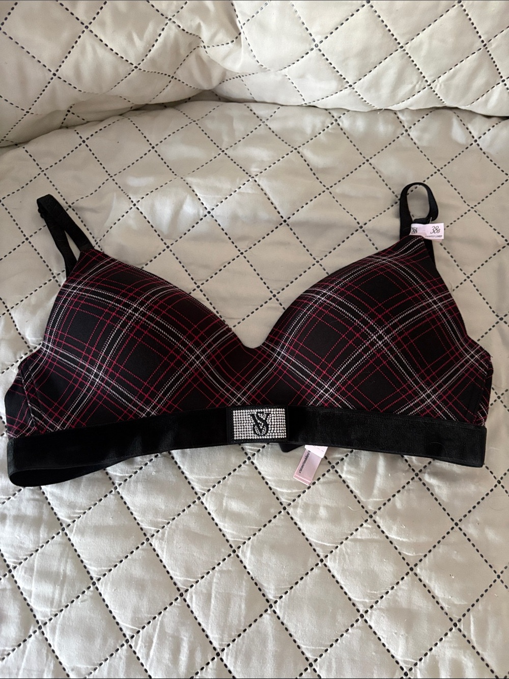Victoria's Secret Black Plaid T-shirt Bra with Red and White Accents